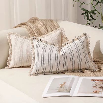 Decorative Nordic Striped Jacquard Cotton Cushion Covers With Frill Detail - 5 Colours