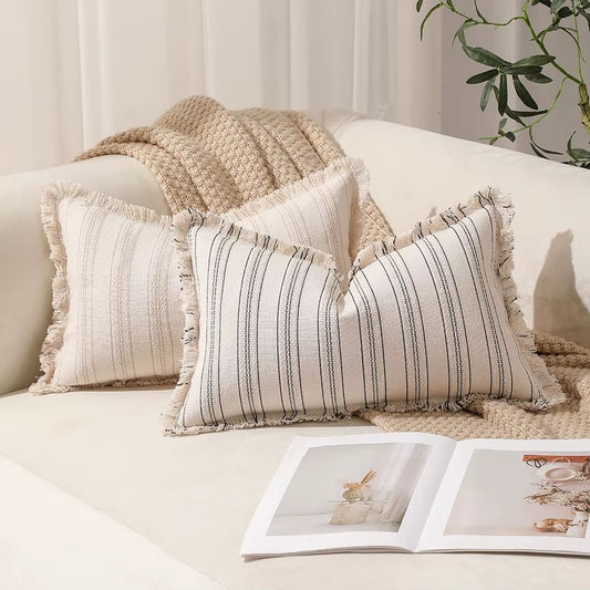 Decorative Nordic Striped Jacquard Cotton Cushion Covers With Frill Detail - 5 Colours