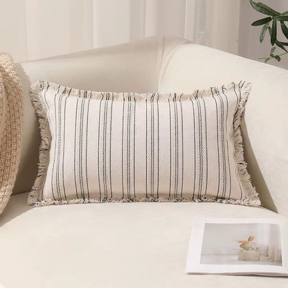 Decorative Nordic Striped Jacquard Cotton Cushion Covers With Frill Detail - 5 Colours