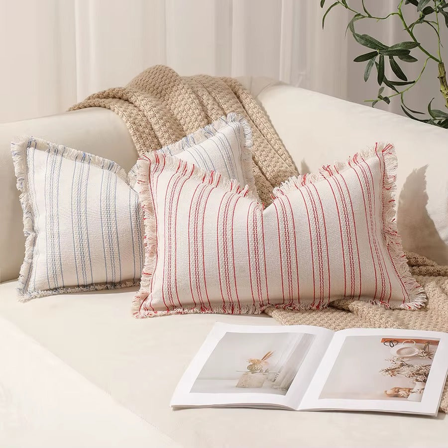 Decorative Nordic Striped Jacquard Cotton Cushion Covers With Frill Detail - 5 Colours